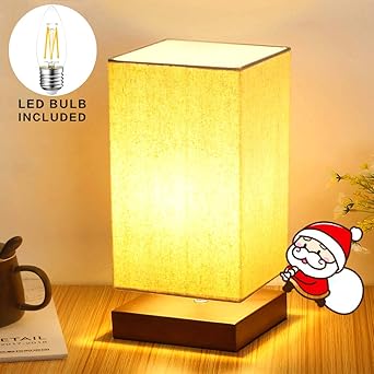Beige Square Bedside Table Lamp Lamp With Fabric Shade And Solid Wood Nightstand 3000k Warm White For Bedroom Living Room Modern Office Kids 4w Gu10 Bulb Included Amazon Co Uk Lighting