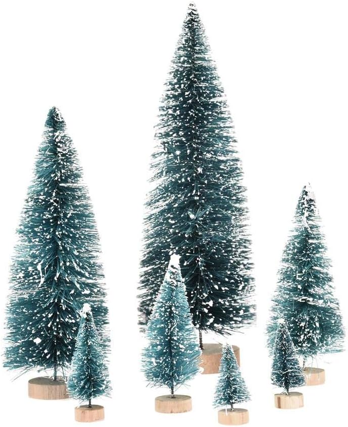 Generp 7 Pcs Mini Christmas Trees Artificial Brush Trees Sisal Snow Pine Bottle Brush Tree Ornaments with Wooden Base for Crafts DIY Room Decor Home Table Top Decorations