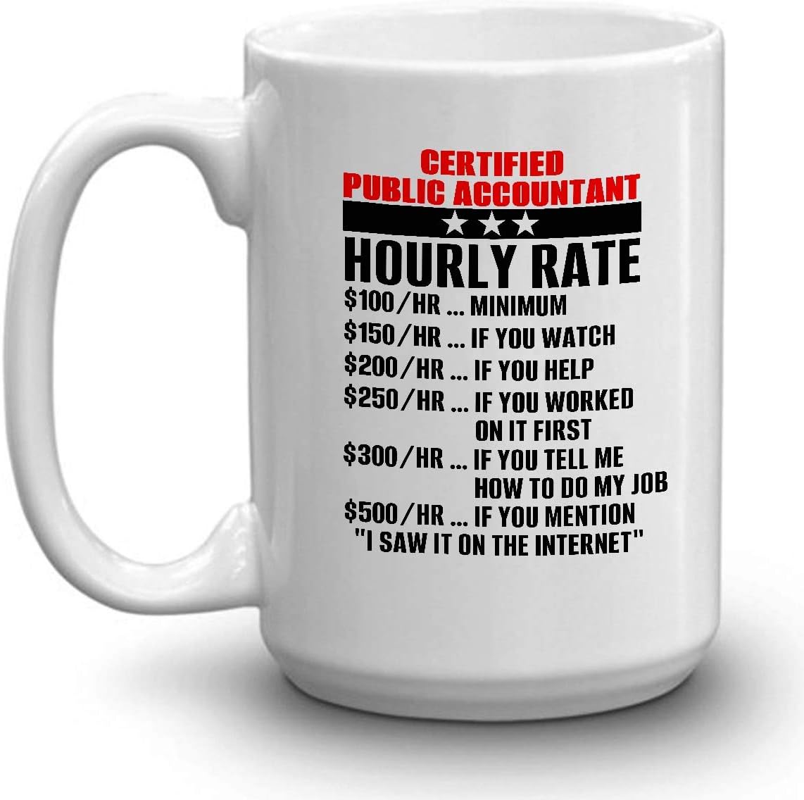 CERTIFIED PUBLIC ACCOUNTANT Mug - CERTIFIED PUBLIC ACCOUNTANT HOURLY RATE - Funny 15oz Coffee Mugs - Great Humor Gift For Valentines Day, Birthday