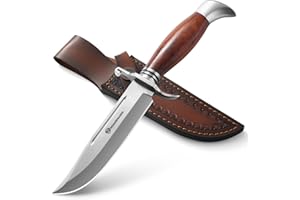 DRACHENADER Hunting Knife with Leather Sheath W-S-PTG, 10.47" Tactical Fixed Blade Bowie Knife with African Rosewood Handle –