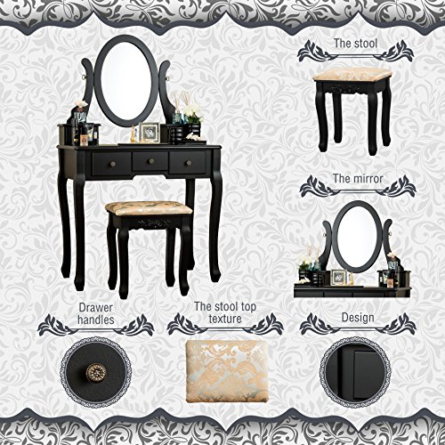 Fineboard HFB-VT07-BK Single Mirror Dressing Set Five Organization Drawers Vanity Table with Wooden Stool, Black