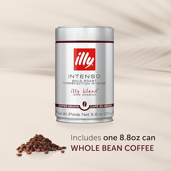 ILLY INTENSO WHOLE BEAN COFFEE, DARK ROAST, INTENSE, ROBUST AND FULL FLAVORED WITH NOTES OF DEEP COCOA, 100% ARABICA COFFEE, NO PRESERVATIVES, 8.8 OUNCE (PACK OF 1)