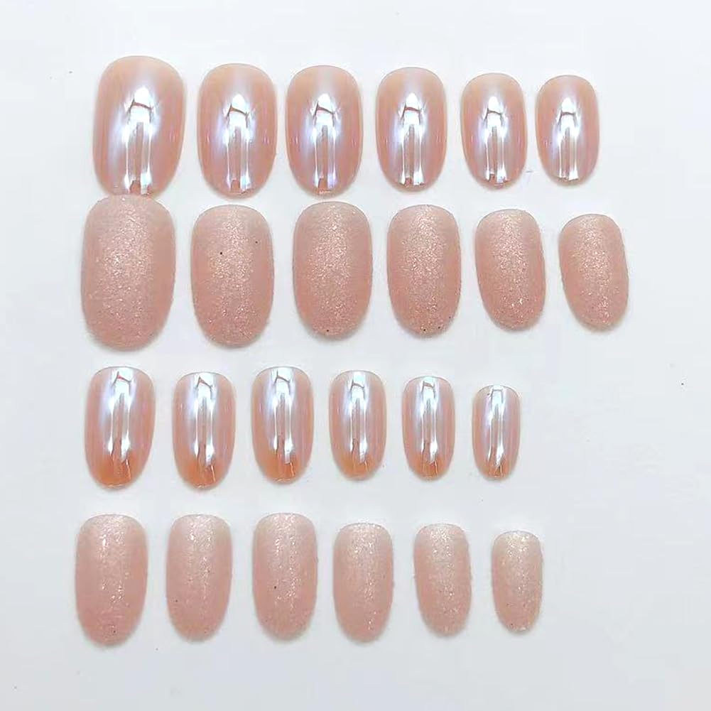 Almond Press on Nails Short Round Fake Nails Chrome Gloss False Nails with Glitte Powder Designs Acrylic Nails Press on Artificial Nails Stick on Nails for Women 24Pcs Nail Press ons - Image 2