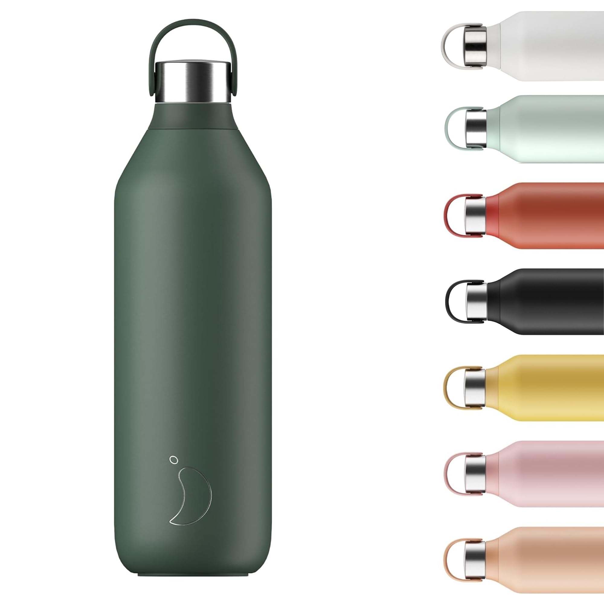 Chilly's Series 2 Water Bottle - Vacuum Insulated Stainless Steel Water Bottle with Soft Collar & Carry Loop, Thermal Flask for Hot & Cold Drinks - Leak Proof, No Sweat - Pine Green, 1000ml