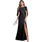 Dansiuey Lace Satin Mother of The Bride Dresses for Women Mermaid Long Formal Evening Dress with Cape Sleeves
