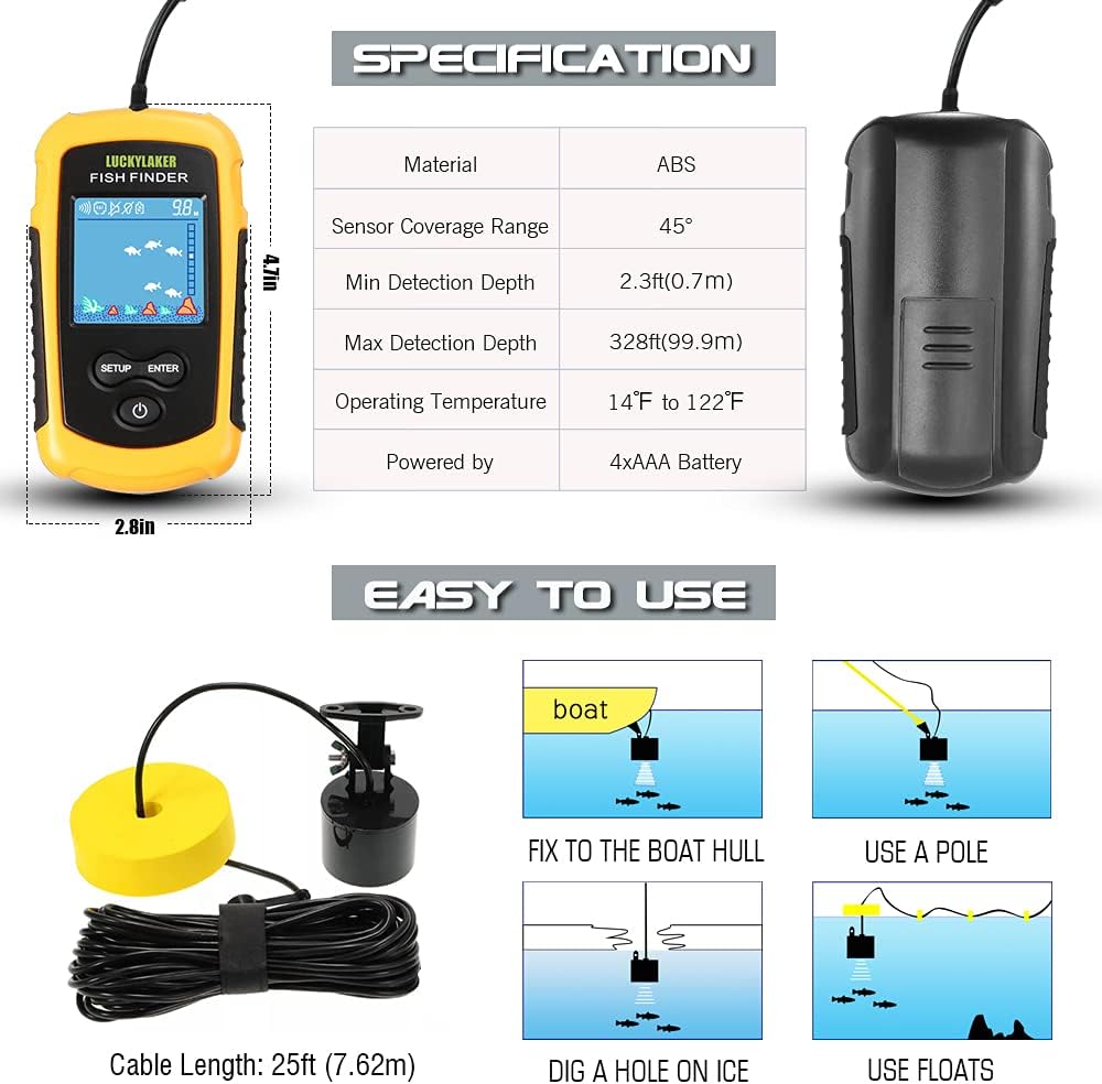 LUCKYLAKER Kayak Handheld Fish Finders Fishing Boat Depth Fishing Finder Display Sonar Fish Finder Portable LCD Boat Canoe: GPS & Navigation