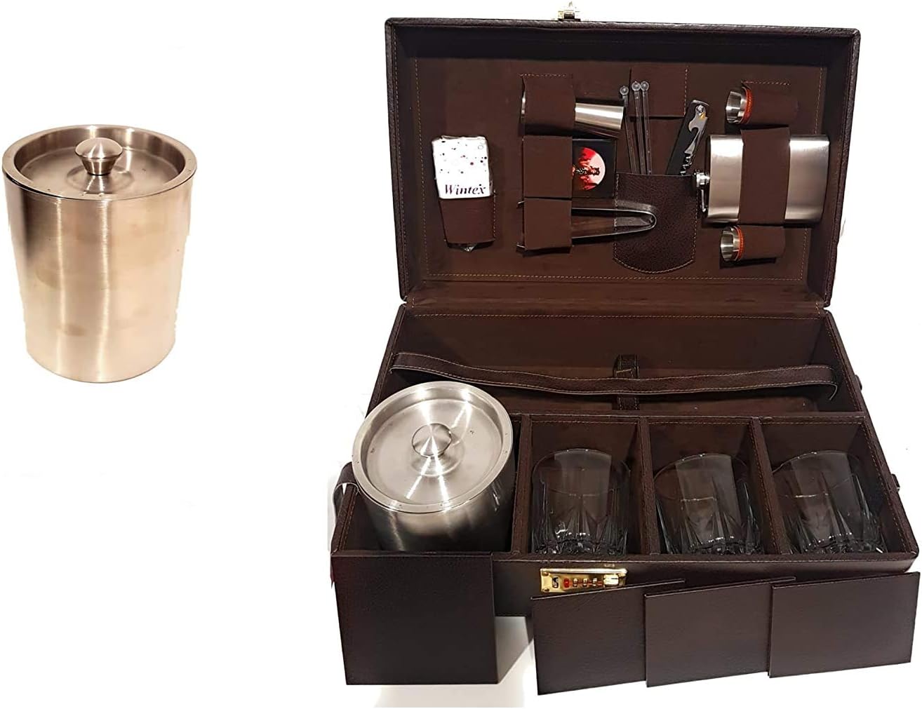 Luxurious Necessities Leatherite Travel Briefcase with Ice Bucket and 18 Accessories (Tan Brown)