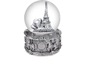 DELIWAY Eiffel Tower Snow Globe Plays 8 Classic Tunes, 100mm Music Snowglobes Carousel Horses Base Hand-Painted Collectible Gifts for Birthday Christmas
