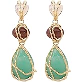 Heart Stud Wire Wrapped Teardrop Green Stone Beaded Dangle Drop Earrings For Women Statement Boho Vintage Chic Irregular Gem Style