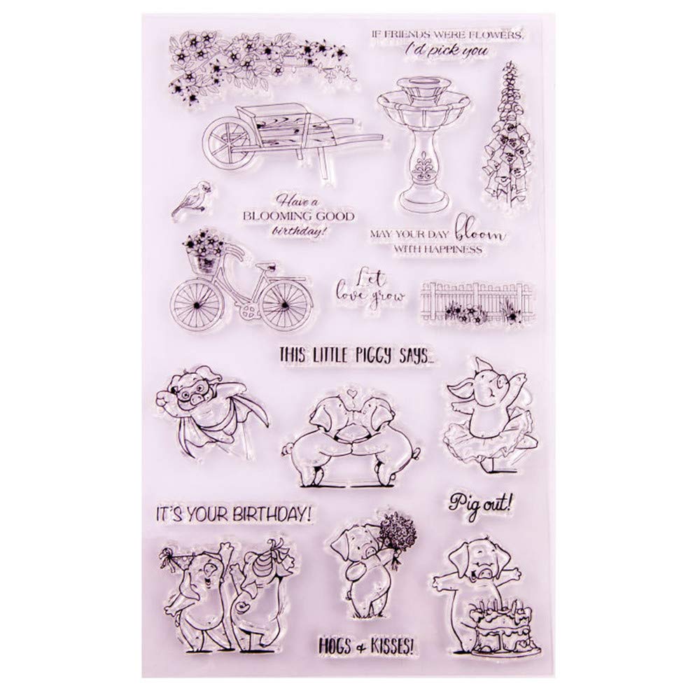 arriettycraft Happy Birthday Kiss Hug Friendship Piggy Flowers Greeting Sentiment Clear Stamps for Card Making Decoration and DIY Scrapbooking