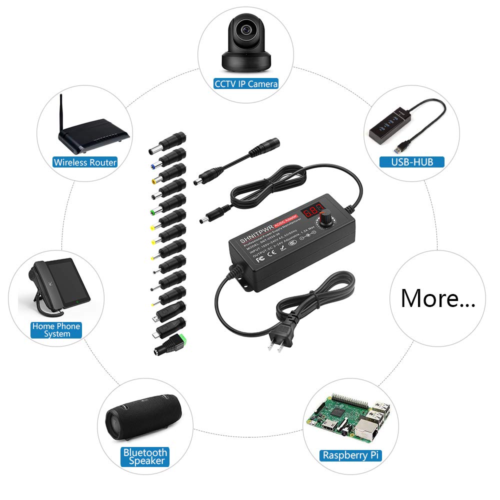 SHNITPWR 36W Universal AC to DC Adapter 3V ~ 24V Adjustable Power Supply AC/DC Converter Transformer 3V 5V 6V 9V 12V 15V 18V 19V 20V 24V 1A 1.2A 1500mA with 14 Tips & Polarity Converter