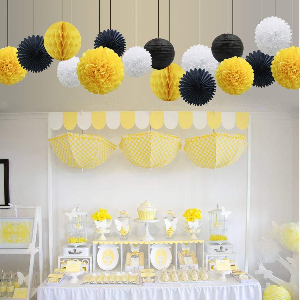 Yellow White Black Party Decorations 16pcs Paper Pom Poms Honeycomb Balls Lanterns Tissue Fans for Bee Day Party Batman Birthday Graduation Baby Shower: Arts, Crafts & Sewing
