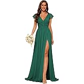Lousare Women's Short Sleeve Bridesmaid Dress Long Chiffon A-line Pleated Maxi Formal Party Dress LE003