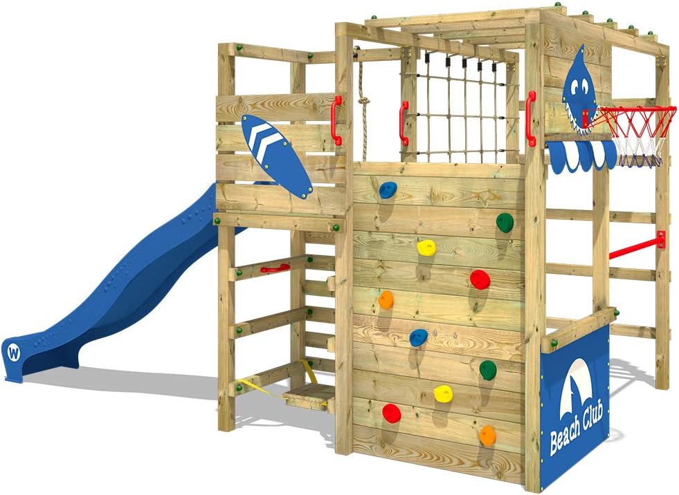 WICKEY Wooden Climbing Frame Smart Tactic with Blue Slide, Garden Playhouse with Climbing Wall & Play-Accessories