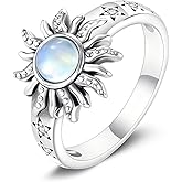 MILKYX Sun Moonstone Ring for Women, 925 Sterling Silver Round Moonstone Statement Rings, Boho Jewelry for Anniversary Birthday Gift for Her Size 4-11
