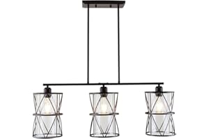 SHENGQINGTOP 33" Industrial Kitchen Island Lights with Cylindrical Clear Glass Shade, 3-Light Dining Room Lighting Fixtures Hanging, New Transitional Multi Pendant Lighting, Matte Black Finish