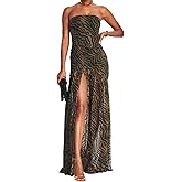 Women Tube Top Dress Tiger Stripe Mesh Patchwork Maxi Dress Strapless Sexy High Slit Long Dresses Party Clubwear