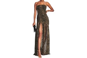 ABYOVRT Women Tube Top Dress Tiger Stripe Mesh Patchwork Maxi Dress Strapless Sexy High Slit Long Dresses Party Clubwear