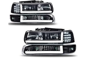 PIT66 LED Headlight Assembly Compatible with 99-02 Chevy Silverado 1500 2500/01-02 Silverado 1500HD 2500HD 3500/00-06 Tahoe Suburban 1500 2500 Headlamps Front Lights (LED Modified Style,Smoky)