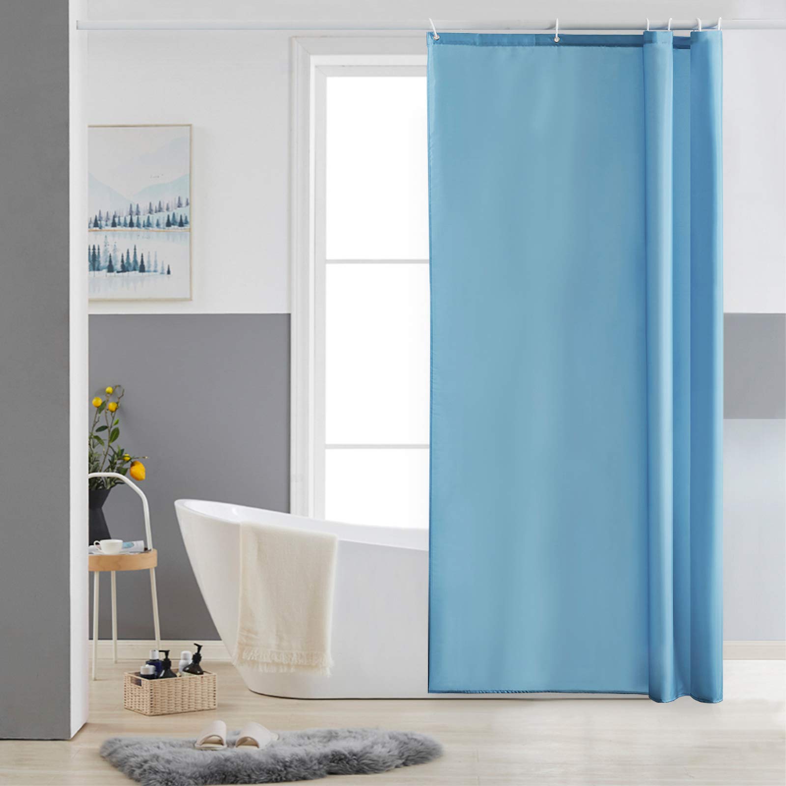 Furlinic Shower Curtain Mould Proof Resistantand Waterproof Washable Polyester Fabric Sky Blue Bath Curtains with Weight Tape 6 Hooks for Wetroom 33x72 Inch.