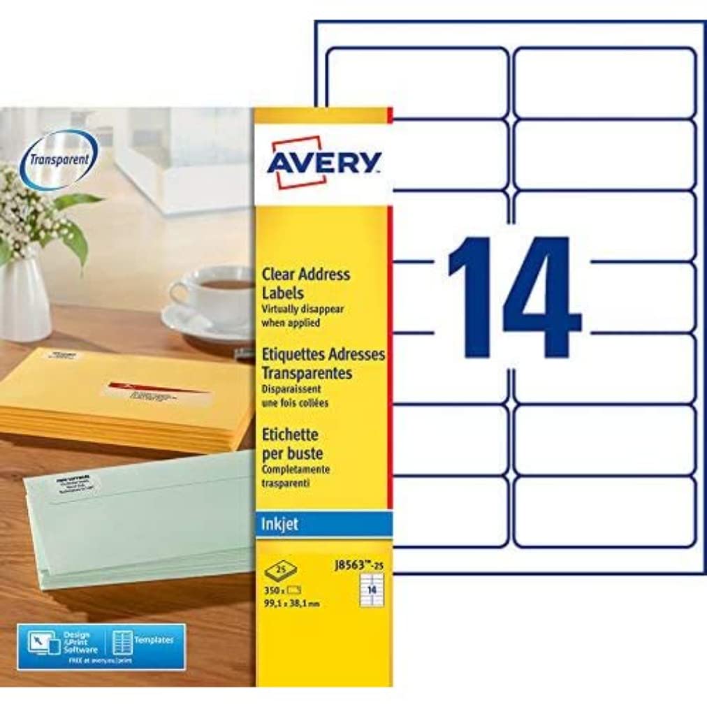 AVERY J8563-25 350 Transparent Adhesive Delivery Labels Customisable 99.1 x 38.1 mm. Printing: Inkjet