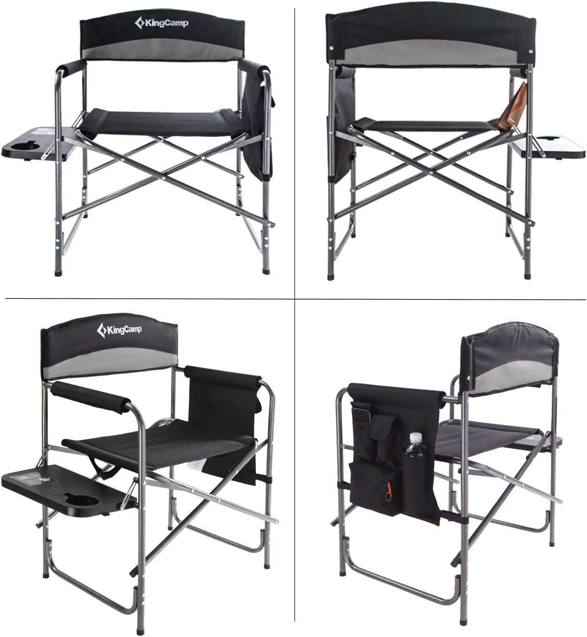KingCamp Heavy Duty Camping Folding Director Chair Oversize Padded Seat with Side Table and Side Pockets, Supports to 396 lbs (Black/Medium Grey-2 Pack) : Sports & Outdoors