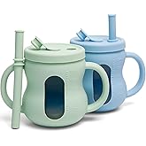 XPECIAL 100% Silicone Baby Training Cup 2PCS See-through Toddler 5OZ Straw Drinking Cups for Infants 6 Months+ (Green and Blue)