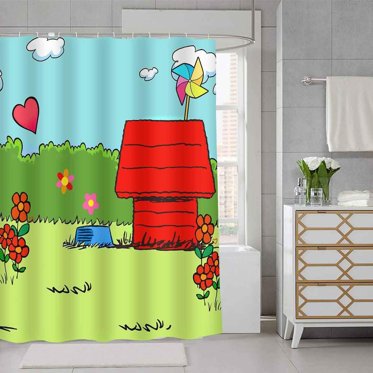 Amazon Com Sddser Snoopy Shower Curtain Peanuts Red House Windmill Decor Bathroom Curtain For Kids Waterproof Fabric 72x72 With 12 Hooks Yllssd200 Kitchen Dining