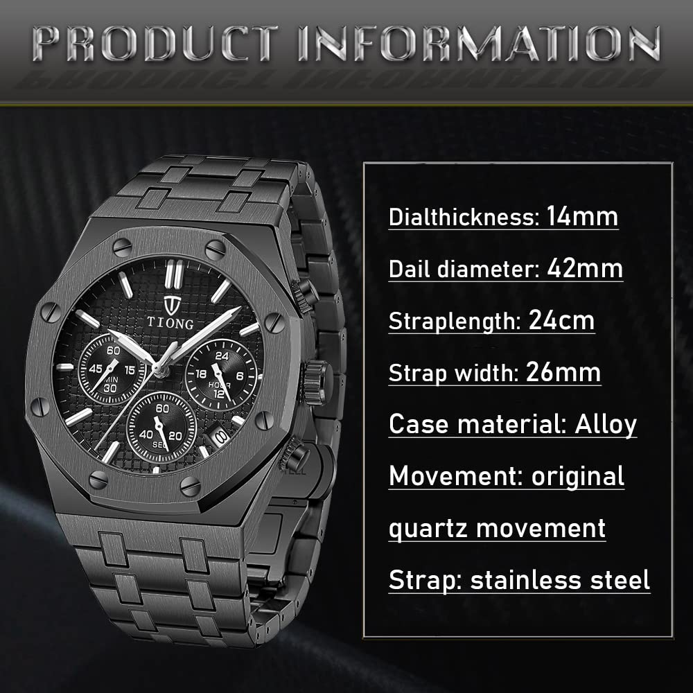 Tiong Men's Watch Chronograph Stainless Steel Waterproof Quartz Business Watch Men