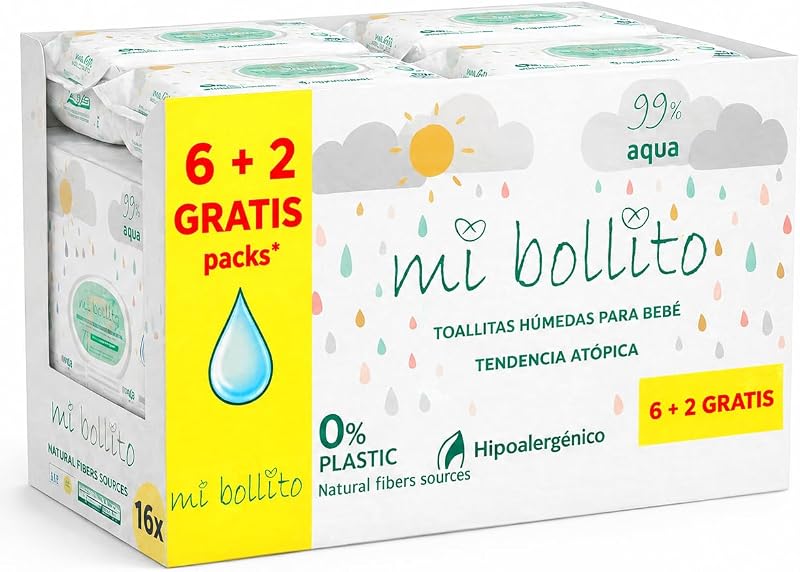 - Toalhitas para bebés 99% Aqua Pure, 100% fibras vegetais, 480 toalhetas, 8 pacotes, pH neutro, pele sensível e atópica, sem perfume, adequadas para recém-nascidos (embalagem de 8)