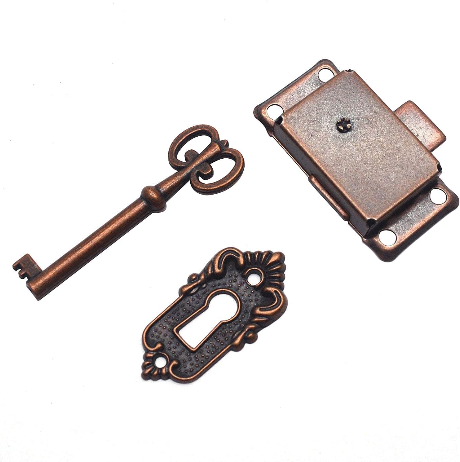 Shiwaki Antique Lock for Small Cabinet/Box - Vintage Style in Red Bronze - with Key and Screws
