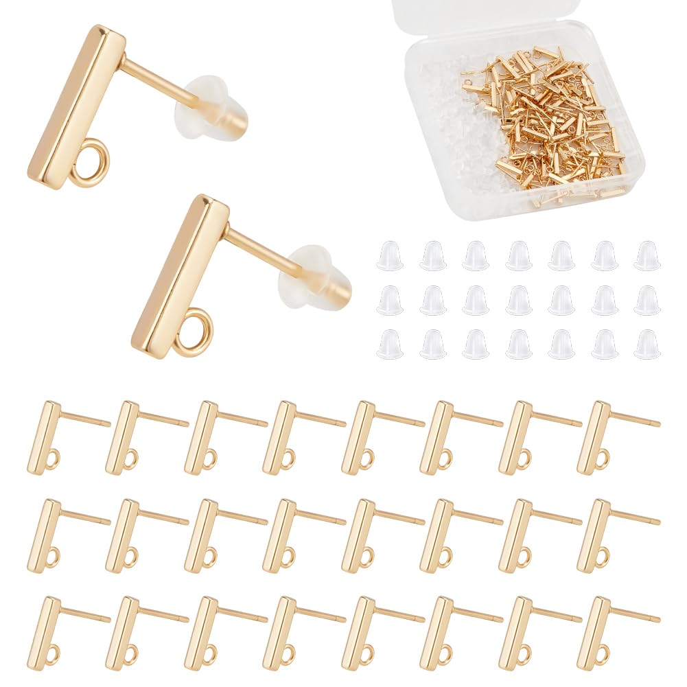 UNICRAFTALE 80Pcs Stainless Steel Stud Earring Findings Rectangle Stud Earing Real 18K Gold Plated Ear Studing Posts with Loop and Ear Nuts Studing Finding for Jewelry Making