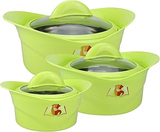 WELLGRO 3er SET Thermoschüsseln inkl. Glasdeckel - mit Edelstahleinsatz, 500/1000/1500 ml, Grün, Kunststoff/Edelstahl, doppelwandig