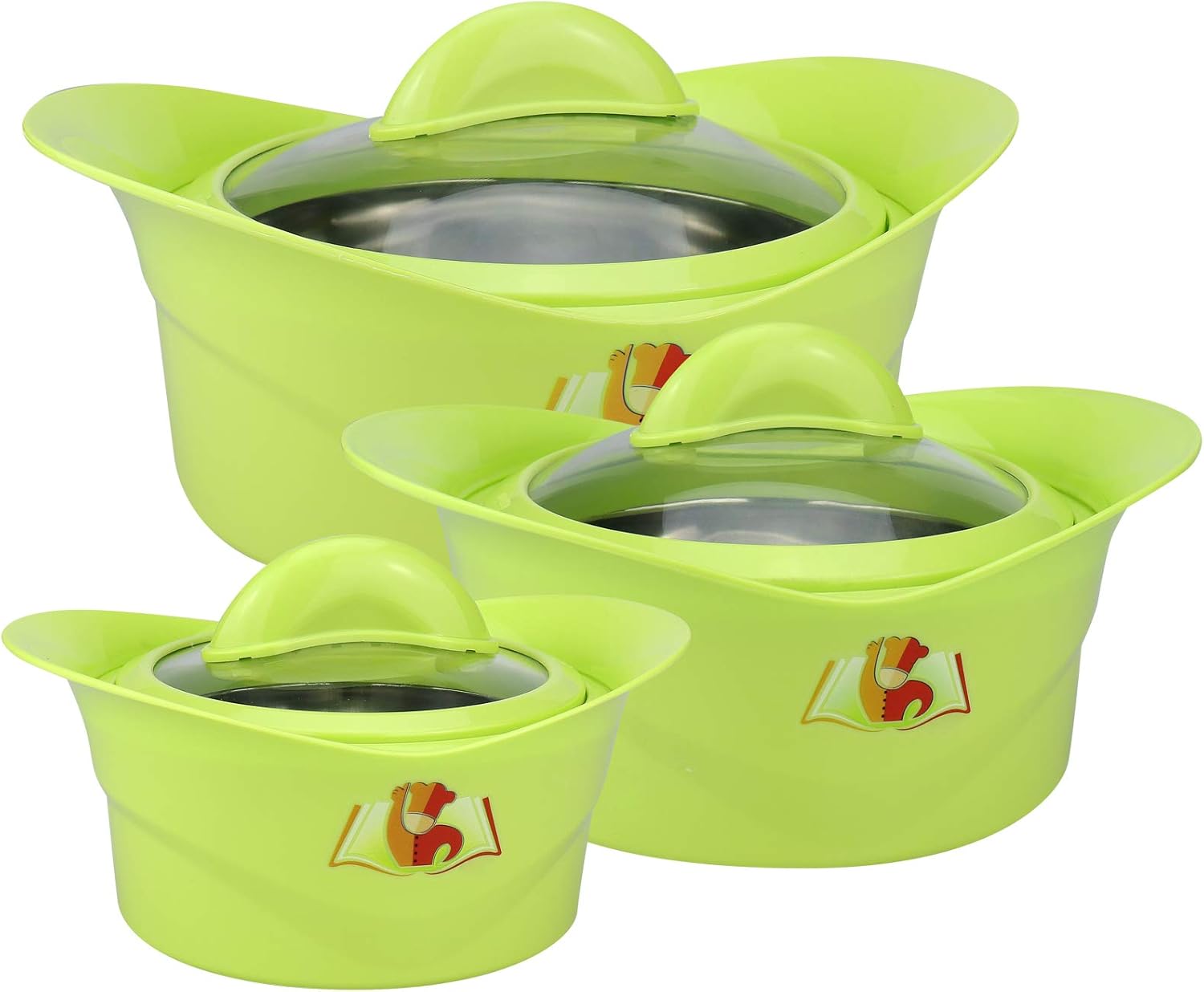 WELLGRO 3er SET Thermoschüsseln inkl. Glasdeckel - mit Edelstahleinsatz, 500/1000/1500 ml, Grün, Kunststoff/Edelstahl, doppelwandig