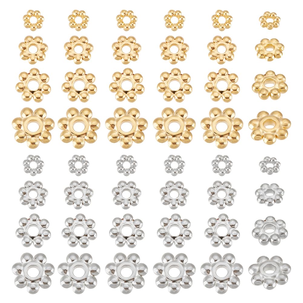 UNICRAFTALE 80Pcs 2 Colors 8 Styles 3-8mm 304 Stainless Steel Spacer Caps Bead Sets Metal Flower Shape Spacer Bead Cap Half Round Bead Caps for Bracelet Accessories Jewelry Making