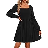 Holipick Women's Casual Square Neck Smocked Dress Shirred Ruffle Puff Sleeve High Waist Cute Flowy A-Line Short Dress