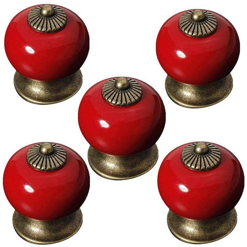 Aestm 5 Pcs Round Ceramic Cupboard Door Drawer Cupboard Knob Porcelain Antique Red