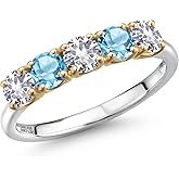 Gem Stone King 925 Silver and 10K Yellow Gold White Created Sapphire and Swiss Blue Topaz Wedding-Bands Ring For Women | 1.46 Cttw | Round 4MM | Gemstone September Birthstone