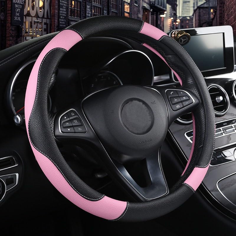 Istn Unisex's Sport Style Contrast Color Non-slip Sweat Good Breathable PU Leatherette 15 inch Car Steering Wheel Cover 38cm Pink