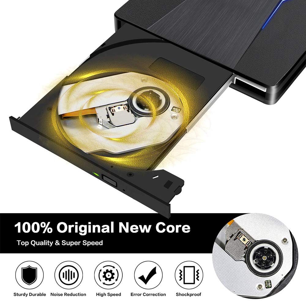 External CD DVD Drive USB C USB 3.0 Dual Port Portable CD DVD /-RW Drive,High Speed Data Transfer External Optical Drives for Windows10/MacBook/Desktop/Laptop (Black)