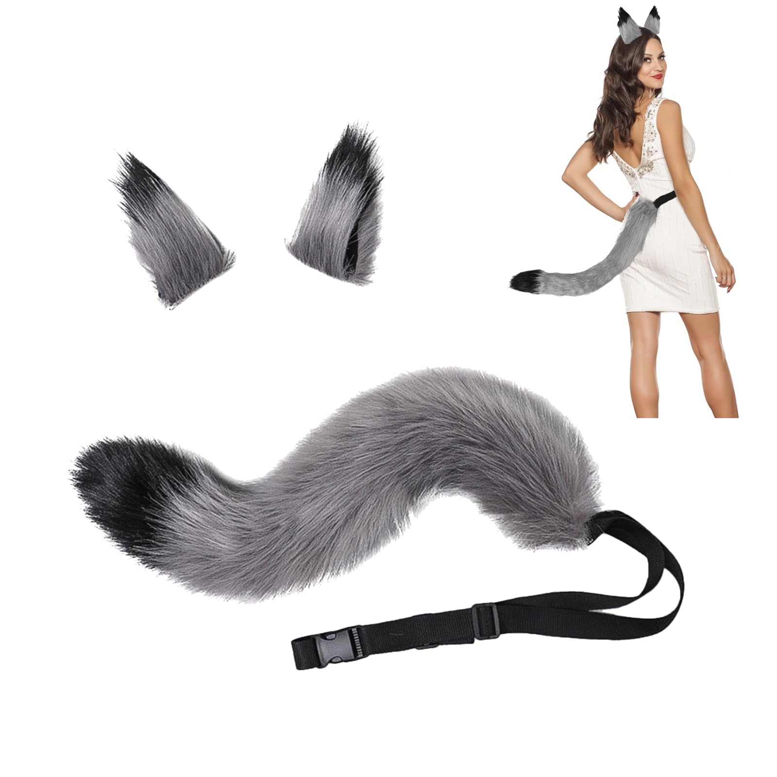 XINCHIA Faux Fur Fox Cat Ears Hair Clip Tail Set Fluffy Wolf Fox Cosplay Costume Hair Hoop Long Tail Kit Animal Dress Up Fancy Dress Hairband Accessories Halloween Role Play Party Costume for Adults