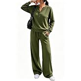Shiketong Women's 2 Piece Henley V Neck Fall Lounge Set Sweatsuits | Lounge Sets for Tall Women , Airport Travel Outfits, Comfy Athleisure Fall Winter Clothes ,wide Leg Palazzo Pants
