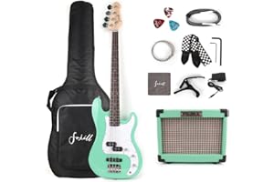 Fojill Full Size 4 Four String Electric Bass Guitar 10W Battery Power Bluetooth Amplifier Amp Beginner Starter Kit Set Combo Bundle Accessory Bag,Strap,Picks,Capo,Cable,Strings(Green)