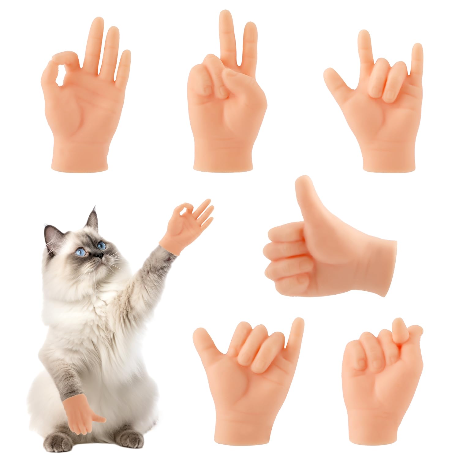 XIHIRCD 6pcs Mini Hands for Cats, 6 Gestures Silicone Tiny Hands for Cat Paws, Funny Small Cat Finger Interactive Toys Gifts Realistic Miniature Hands for Cats Kittens Puppies