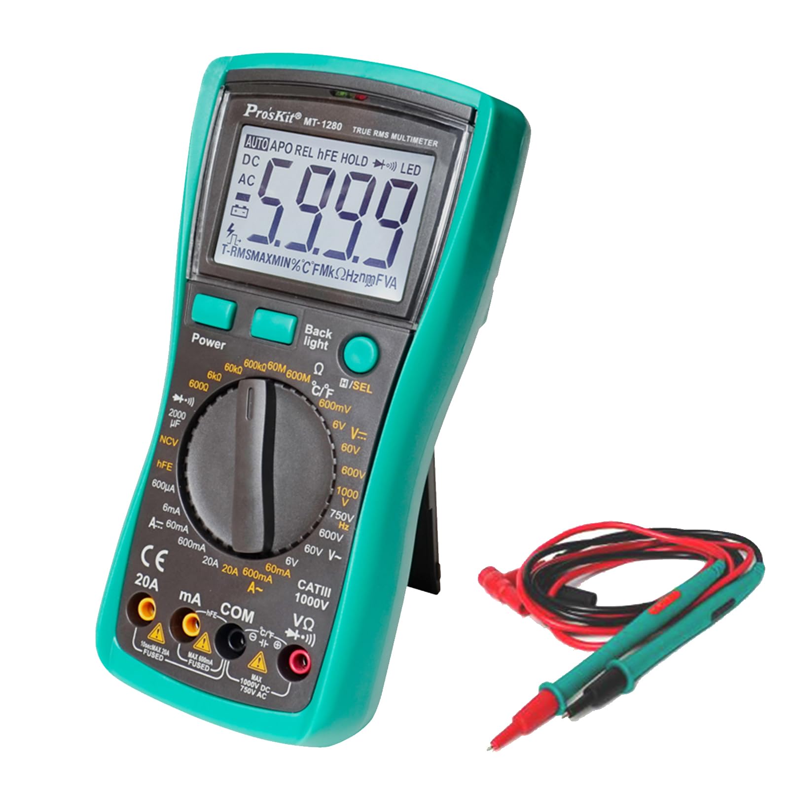 Pro'sKit Tool solutions MT-1280 3 5/6 Digital TRUE RMS Multimeter Capacitance/Temperature CE CATIII safety standard 1M drop protection. 5999 counts. 0.5% best accuracy(MT-1280)