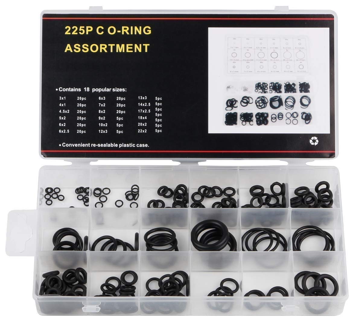 225pcs NBR O-Rings Set 18 Sizes Assortment Kit (Metric Sizes) Plumbing & Car Automotive Vehicle Repair Buna