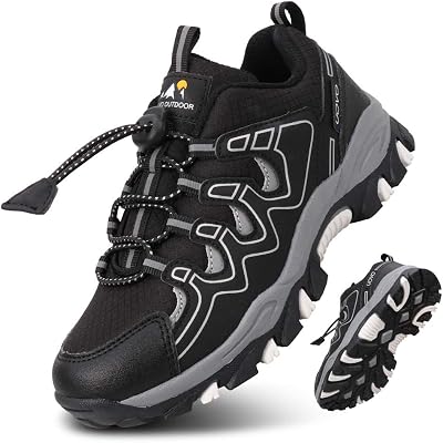 UOVO Boys Trainers Kids Walking Shoes Low-Top Waterproof Trekking Black Silver