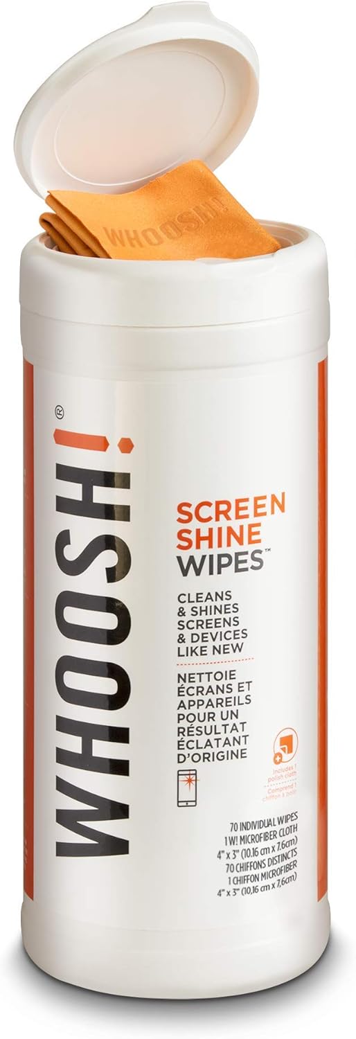 WHOOSH! Screen Shine 90 Electronic Wipes with Microsuede Cloth, Lint-Free, Non-Abrasive Wipe Design with Streak-Free Finish