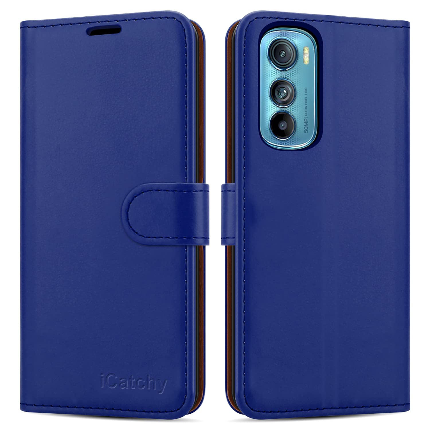 iCatchy for Motorola Edge 30 Case Leather Wallet Book Flip Kickstand Card Slots Full Protection Folio Cover Compatible for Motorola Edge 30 Phone (Blue)