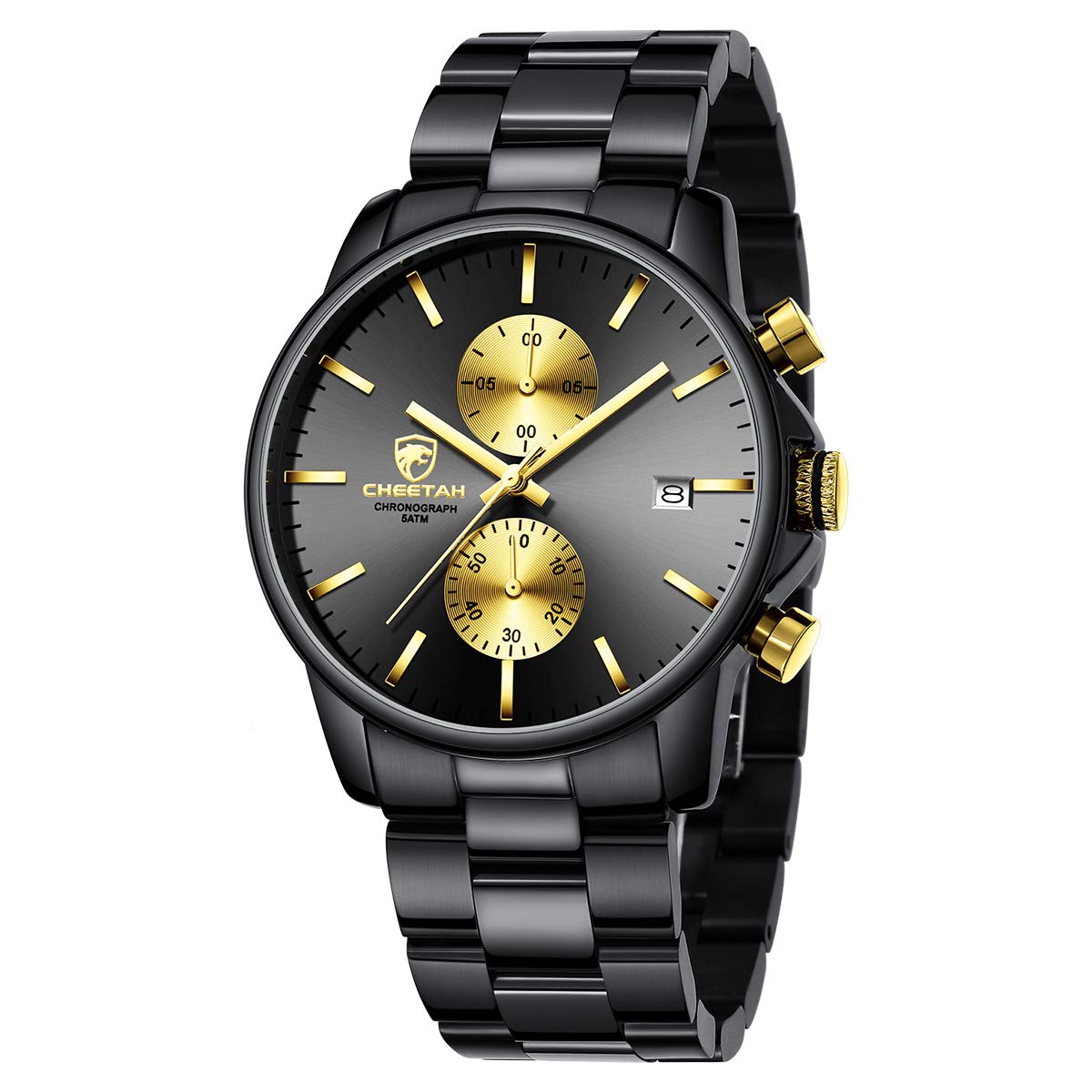 GOLDEN HOUR Men's Watches with Stainless Steel and Metal Casual Waterproof Chronograph Quartz Watch, Auto Date in Gold Hands